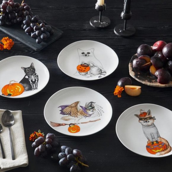 Halloween Set of 4 New in Box West Elm Rachel Kozlowski Dapper Animals Plate - Picture 1 of 6